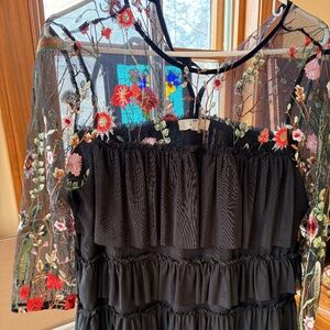 ENTRO Boho Black Embroidered 3/4 Sleeve Mesh Layered Tiered Ruffled Top sz M
